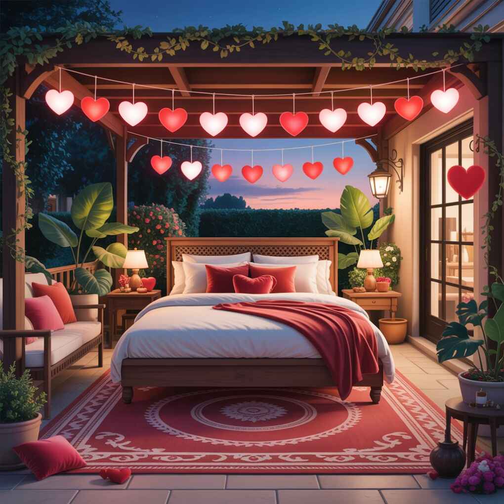 Heart-Shaped String Lights Above the Bed