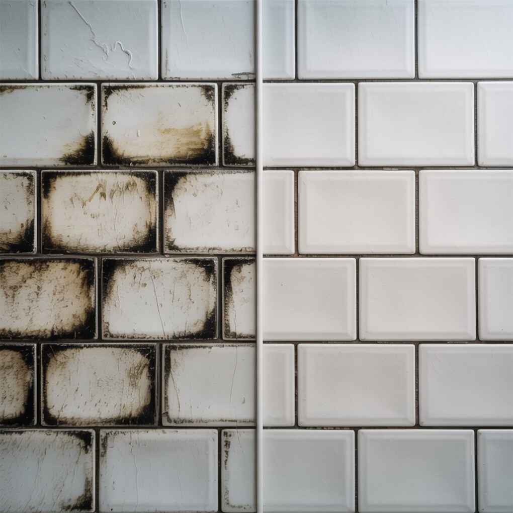 Beforeafter grout cleaning comparison—gray dingy vs. bright white