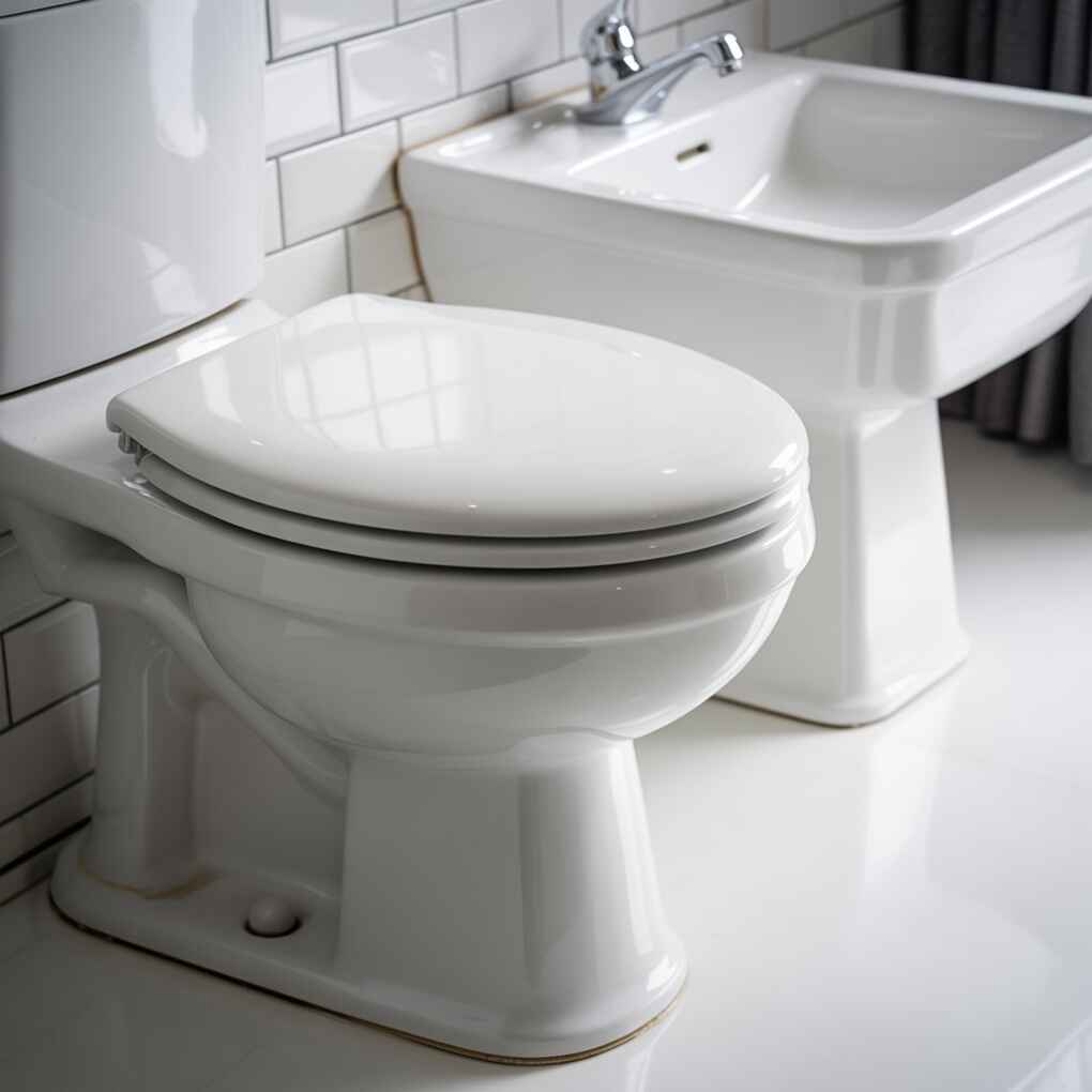 Bright white toilet bowl and clean porcelain sink side-by-side