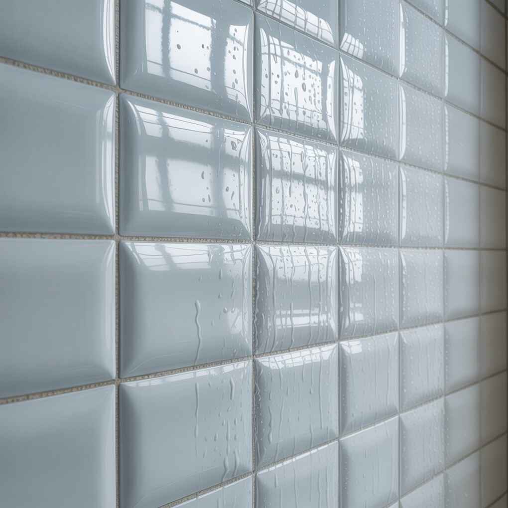 Close-up of sparkling clean shower tiles after cleaning