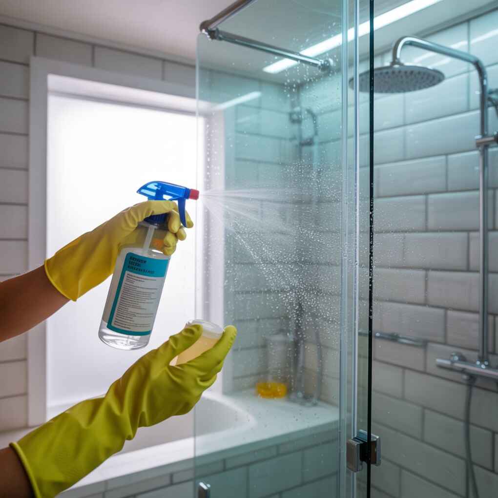 Person spraying DIY cleaner on shower glass—bright, modern bathroom